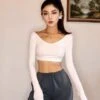 White Low-Neck Long Sleeve Crop Top | Lisa - BlackPink -Diva s Closet Lisa BlackPink White Low Neck Long Sleeve Crop Top 6 600x782 1