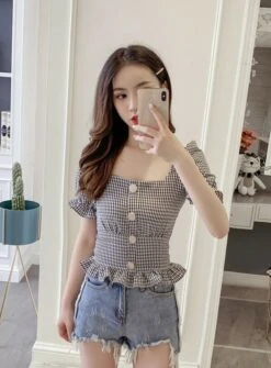 Grey Plaid Trumpet Sleeves Buttons Top | Lisa - BlackPink -Diva s Closet Lisa Plaid Trumpet Sleeves Buttons Blouse 12 600x813 1