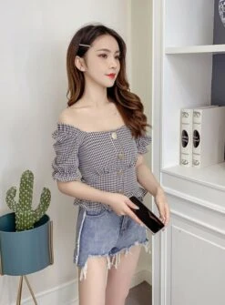 Grey Plaid Trumpet Sleeves Buttons Top | Lisa - BlackPink -Diva s Closet Lisa Plaid Trumpet Sleeves Buttons Blouse 17 600x814 1