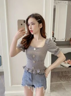 Grey Plaid Trumpet Sleeves Buttons Top | Lisa - BlackPink -Diva s Closet Lisa Plaid Trumpet Sleeves Buttons Blouse 2 600x812 1