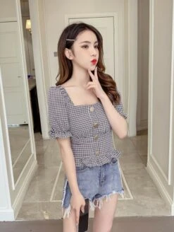 Grey Plaid Trumpet Sleeves Buttons Top | Lisa - BlackPink -Diva s Closet Lisa Plaid Trumpet Sleeves Buttons Blouse 6 600x797 1