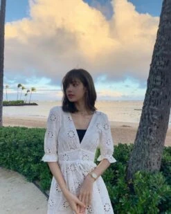 White Embroidery V-Neck Dress | Lisa - BlackPink -Diva s Closet Lisa White Embroidery V Neck Dress Inspiration 3 600x750 1