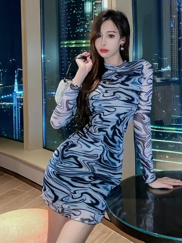 Blue Marble Pattern Slim Dress | Soyeon - (G)I-DLE 10 Blue Marble Pattern Slim Dress | Soyeon - (G)I-DLE - Image 8