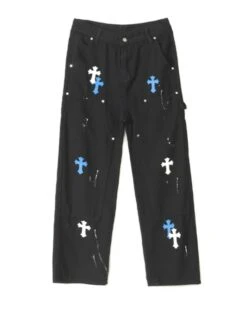 Black Wide Leg Pants With Blue Cross Details | Mark - NCT -Diva s Closet Mark NCT Black Wide Leg Pants With Blue Cross Details 1 600x750 1
