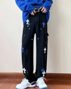 Black Wide Leg Pants With Blue Cross Details | Mark - NCT