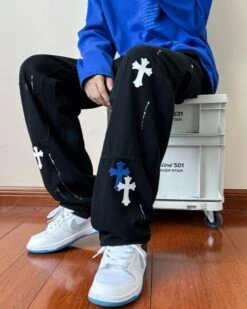 Black Wide Leg Pants With Blue Cross Details | Mark - NCT -Diva s Closet Mark NCT Black Wide Leg Pants With Blue Cross Details 6 600x750 1