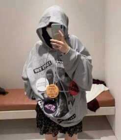 Grey Collage Printed Hoodie | Mingi - ATEEZ