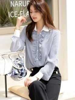 Blue Ruffled Placket Striped Shirt | Minho - SHINee -Diva s Closet Minho SHINee Blue Ruffled Placket Striped Shirt 10 600x800 1