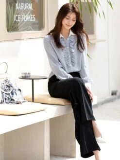 Blue Ruffled Placket Striped Shirt | Minho - SHINee -Diva s Closet Minho SHINee Blue Ruffled Placket Striped Shirt 11 600x800 1