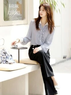 Blue Ruffled Placket Striped Shirt | Minho - SHINee -Diva s Closet Minho SHINee Blue Ruffled Placket Striped Shirt 12 600x800 1