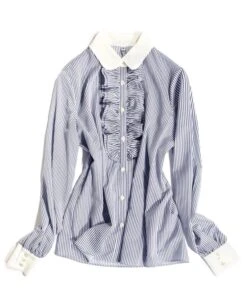 Blue Ruffled Placket Striped Shirt | Minho - SHINee -Diva s Closet Minho SHINee Blue Ruffled Placket Striped Shirt 14 600x700 1