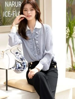 Blue Ruffled Placket Striped Shirt | Minho - SHINee -Diva s Closet Minho SHINee Blue Ruffled Placket Striped Shirt 2 600x793 1
