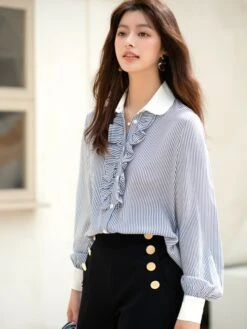 Blue Ruffled Placket Striped Shirt | Minho - SHINee -Diva s Closet Minho SHINee Blue Ruffled Placket Striped Shirt 4 600x800 1