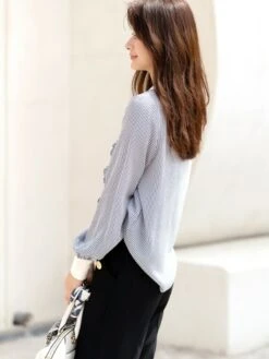 Blue Ruffled Placket Striped Shirt | Minho - SHINee -Diva s Closet Minho SHINee Blue Ruffled Placket Striped Shirt 5 600x800 1