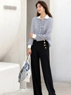 Blue Ruffled Placket Striped Shirt | Minho - SHINee -Diva s Closet Minho SHINee Blue Ruffled Placket Striped Shirt 6 600x800 1