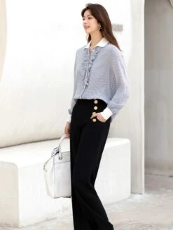 Blue Ruffled Placket Striped Shirt | Minho - SHINee -Diva s Closet Minho SHINee Blue Ruffled Placket Striped Shirt 7 600x800 1