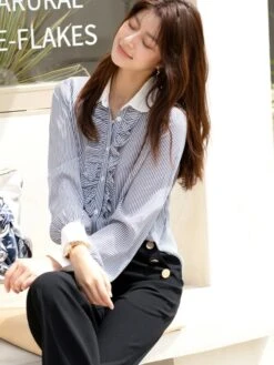 Blue Ruffled Placket Striped Shirt | Minho - SHINee -Diva s Closet Minho SHINee Blue Ruffled Placket Striped Shirt 8 600x800 1
