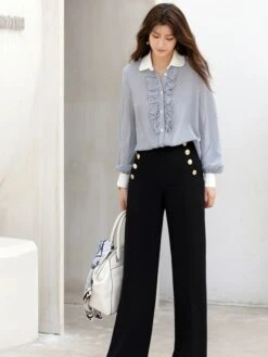 Blue Ruffled Placket Striped Shirt | Minho - SHINee -Diva s Closet Minho SHINee Blue Ruffled Placket Striped Shirt 9 600x800 1