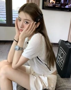White See-Through Knit Polo Shirt | Minnie - (G)I-DLE -Diva s Closet Minnie GI DLE White See Through Knit Polo Shirt 4