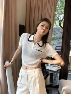 White See-Through Knit Polo Shirt | Minnie - (G)I-DLE -Diva s Closet Minnie GI DLE White See Through Knit Polo Shirt 7
