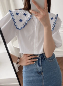 White Embroidered Doll Collar Blouse | Miyeon - (G)I-DLE -Diva s Closet Miyeon GI DLE White Embroidered Doll Collar Blouse 6