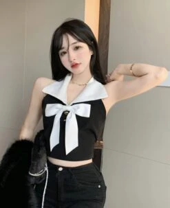 Black Bowknot Halter Crop Top | Momo - Twice -Diva s Closet Momo Twice Black Bowknot Halter Top 1 600x737 1