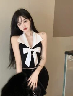 Black Bowknot Halter Crop Top | Momo - Twice -Diva s Closet Momo Twice Black Bowknot Halter Top 10 600x783 1