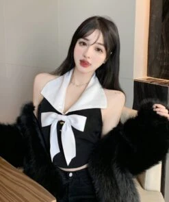Black Bowknot Halter Crop Top | Momo - Twice -Diva s Closet Momo Twice Black Bowknot Halter Top 12 600x717 1