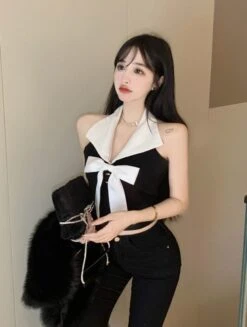 Black Bowknot Halter Crop Top | Momo - Twice -Diva s Closet Momo Twice Black Bowknot Halter Top 13 600x794 1