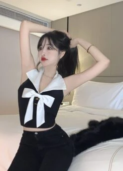 Black Bowknot Halter Crop Top | Momo - Twice -Diva s Closet Momo Twice Black Bowknot Halter Top 6 600x832 1