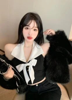 Black Bowknot Halter Crop Top | Momo - Twice -Diva s Closet Momo Twice Black Bowknot Halter Top 7 600x833 1