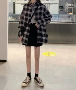 Black Oversized Plaid Shirt | Momo - Twice -Diva s Closet Momo Twice Black Oversized Plaid Shirt 3 600x715 1