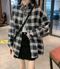 Black Oversized Plaid Shirt | Momo - Twice -Diva s Closet Momo Twice Black Oversized Plaid Shirt 5 600x687 1