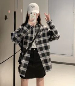 Black Oversized Plaid Shirt | Momo - Twice -Diva s Closet Momo Twice Black Oversized Plaid Shirt 6 600x688 1