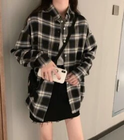 Black Oversized Plaid Shirt | Momo - Twice -Diva s Closet Momo Twice Black Oversized Plaid Shirt 7 600x678 1