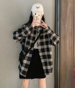 Black Oversized Plaid Shirt | Momo - Twice -Diva s Closet Momo Twice Black Oversized Plaid Shirt 9 600x707 1