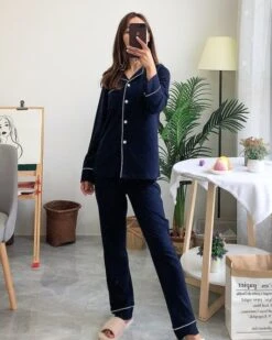 Navy Blue Pajama Set With White Linings | Olivia - Loona