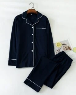 Navy Blue Pajama Set With White Linings | Olivia - Loona -Diva s Closet Navy Blue Pajama Set With White Linings Olivia Loona 2 600x750 1
