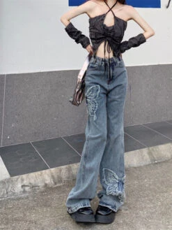 Blue Butterfly Embroidered Flared Jeans | Nayeon - Twice -Diva s Closet Nayeon Twice Blue Butterfly Embroidered Flared Jeans 2 600x800 1