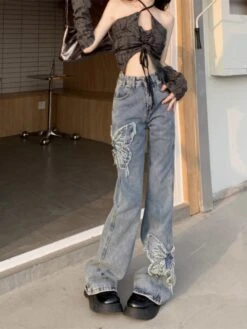 Blue Butterfly Embroidered Flared Jeans | Nayeon - Twice -Diva s Closet Nayeon Twice Blue Butterfly Embroidered Flared Jeans 3 600x800 1