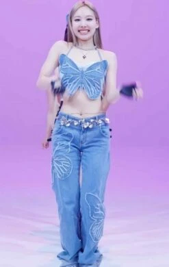 Blue Butterfly Embroidered Flared Jeans | Nayeon - Twice -Diva s Closet Nayeon Twice Blue Butterfly Embroidered Flared Jeans 6 e1702231562775 600x947 1