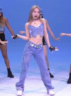 Blue Butterfly Embroidered Flared Jeans | Nayeon - Twice -Diva s Closet Nayeon Twice Blue Butterfly Embroidered Flared Jeans 7 e1702231533905 600x806 1