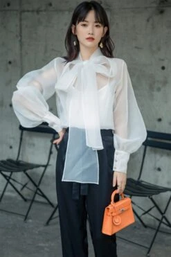 White Lantern Sleeve Bowknot Blouse | Olivia - Loona -Diva s Closet Olivia Loona White Lantern Sleeve Bowknot Blouse 4 600x901 1