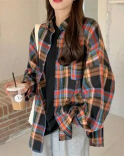 Multicolored Checkered Flannel Shirt | Hyungwon - MONSTA X -Diva s Closet Orange Checkered Flannel Shirt Hyungwon MONSTA X 5 600x750 1