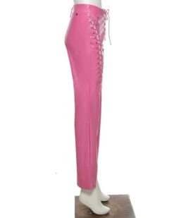 Pink Lace-Up Faux Leather Flare Pants | Irene - Red Velvet -Diva s Closet Pink Lace Up Faux Leather Flare Pants Irene Red Velvet 1 600x750 1