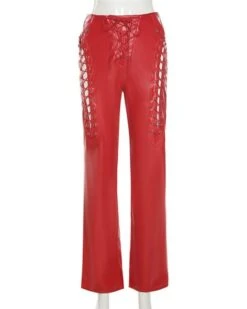 Pink Lace-Up Faux Leather Flare Pants | Irene - Red Velvet -Diva s Closet Pink Lace Up Faux Leather Flare Pants Irene Red Velvet 3 600x750 1
