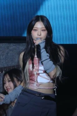 Red Lace-Up Denim Style Crop Top | Haerin - NewJeans -Diva s Closet Red Lace Up Denim Style Crop Top Haerin NewJeans Idol 2 600x900 1