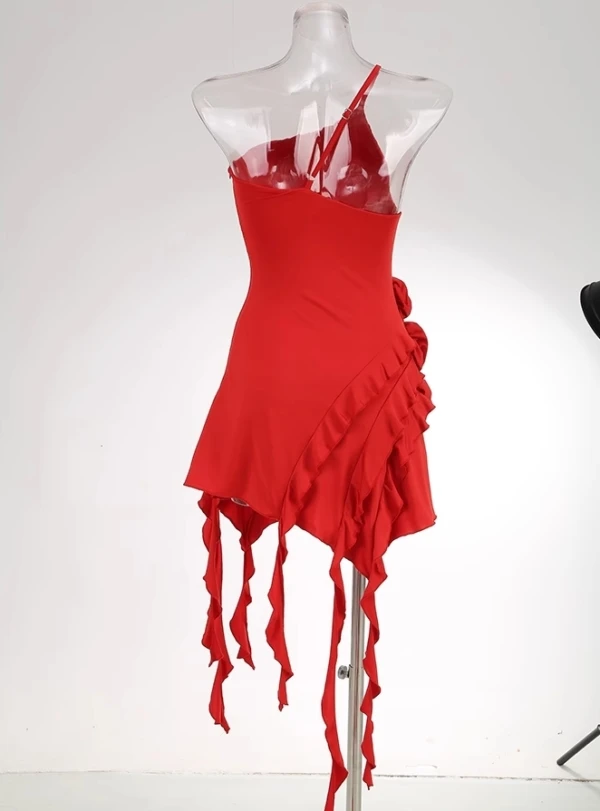 Red One-Shoulder Strap Ruffles Flowers Dress | Soyeon - (G)I-DLE 4 Red One-Shoulder Strap Ruffles Flowers Dress | Soyeon - (G)I-DLE - Image 2
