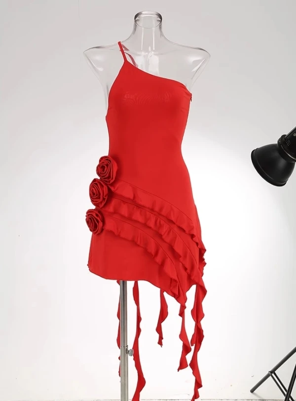 Red One-Shoulder Strap Ruffles Flowers Dress | Soyeon - (G)I-DLE 3 Red One-Shoulder Strap Ruffles Flowers Dress | Soyeon - (G)I-DLE