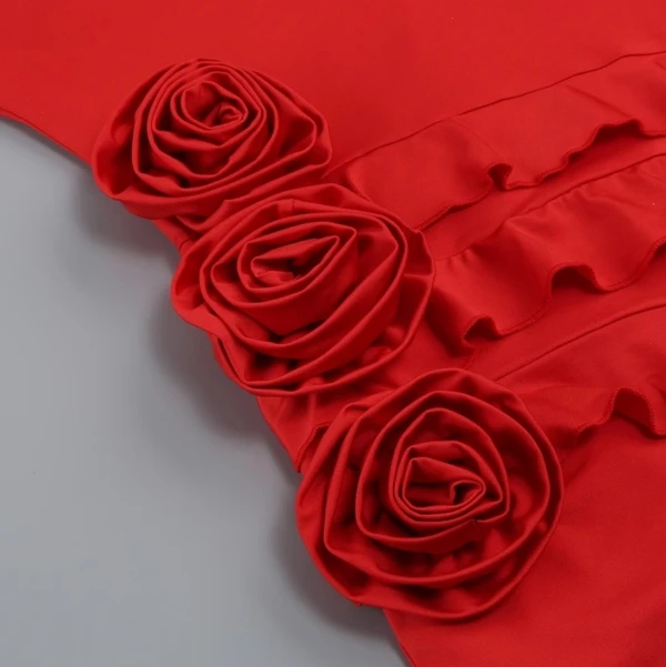 Red One-Shoulder Strap Ruffles Flowers Dress | Soyeon - (G)I-DLE 7 Red One-Shoulder Strap Ruffles Flowers Dress | Soyeon - (G)I-DLE - Image 5